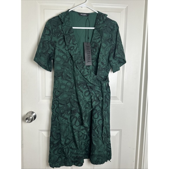 Disturbia Dresses & Skirts - Disturbia Ophidia Snake Print Ruffle Mini Wrap Dress Sz10 Green Gothic Princess